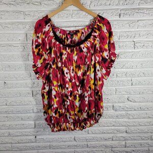 Alfani Womens 24W Plus Red Yellow Blouse Peplum Puff Sleeve Frilly WAT27E